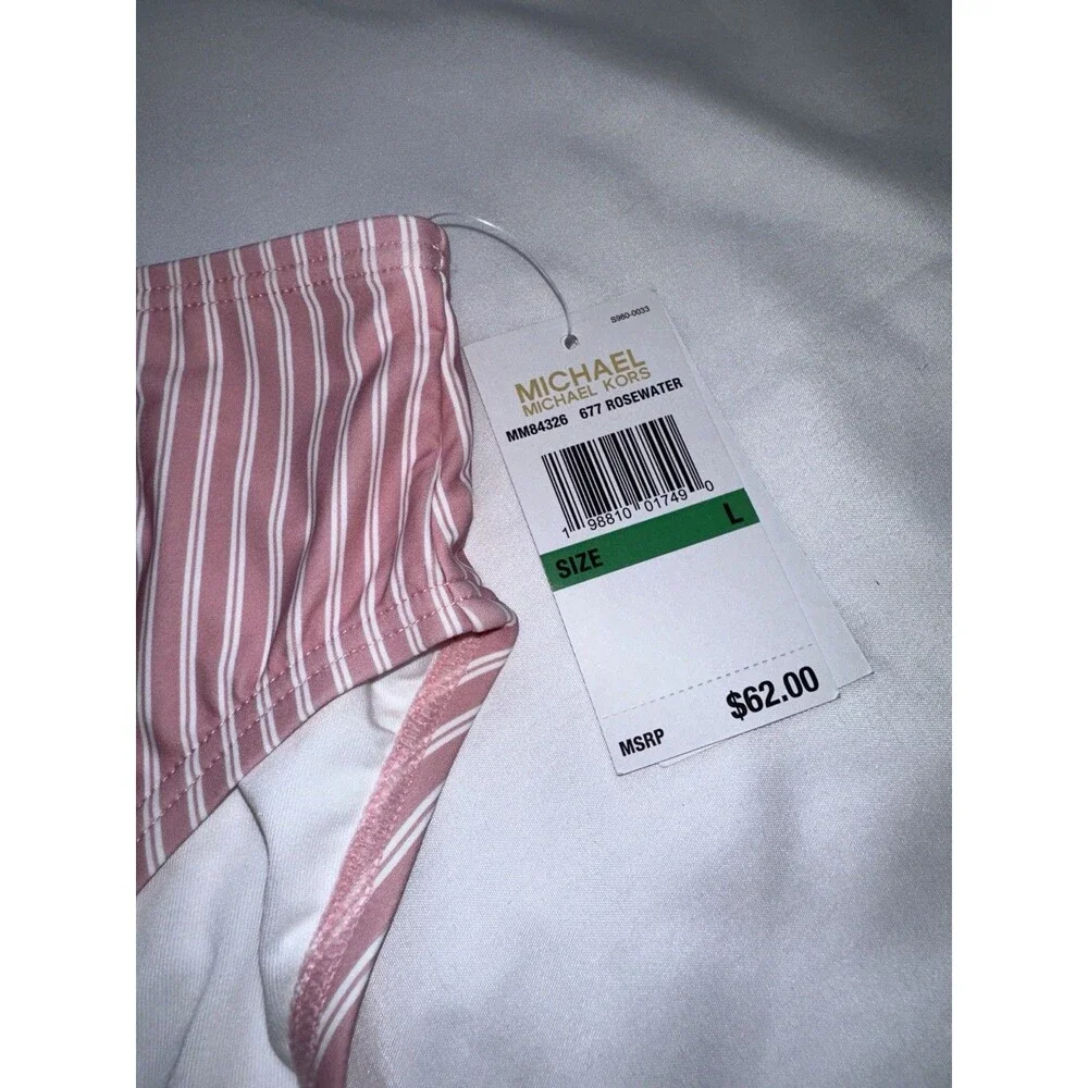 Michael Kors Women’s Pink & White Striped High-Waist Bikini Bottom Size Large